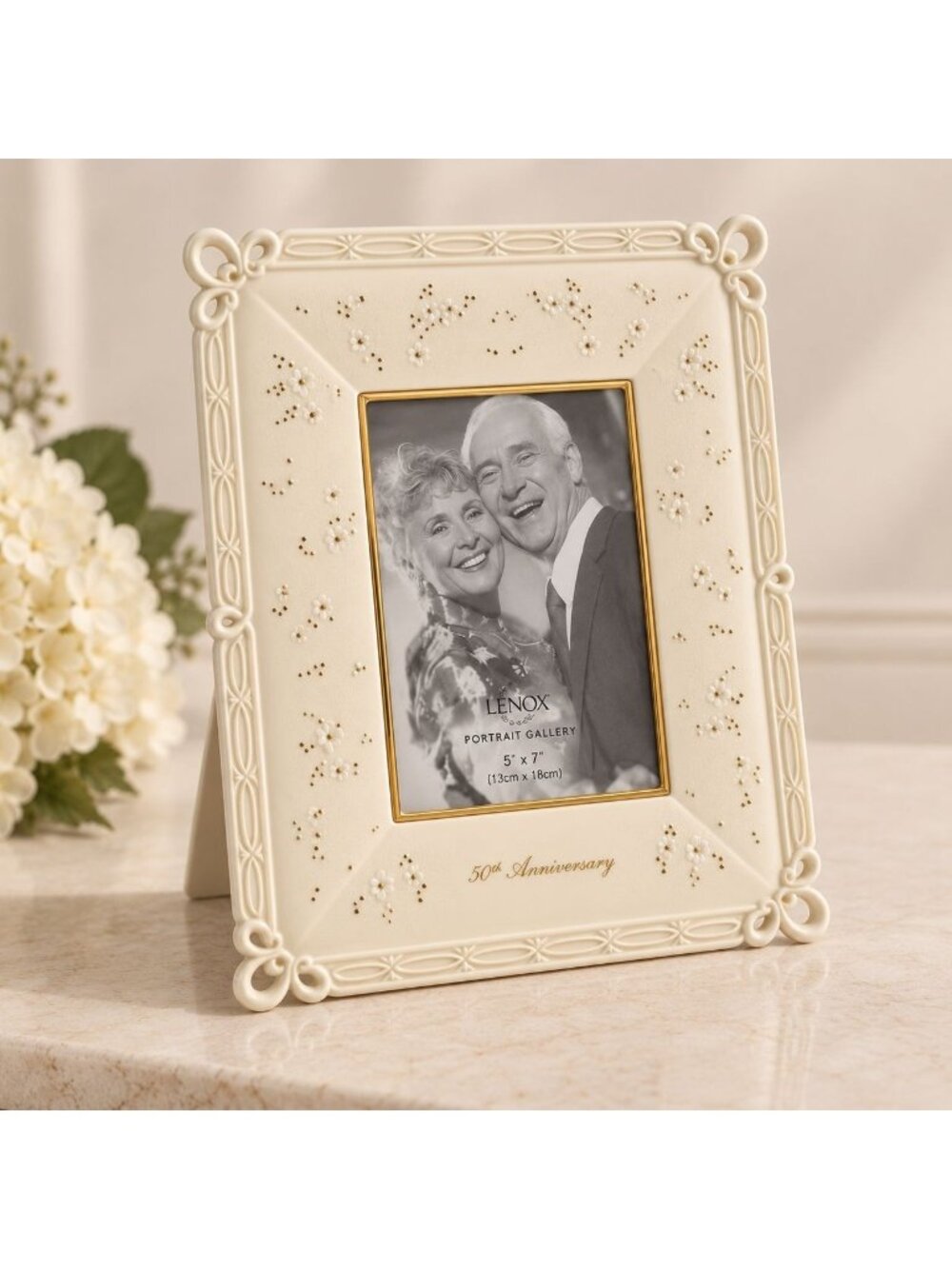Lenox 50th Anniversary Picture Frame Vtg Ivory Porcelain Keepsake Gold Wedding